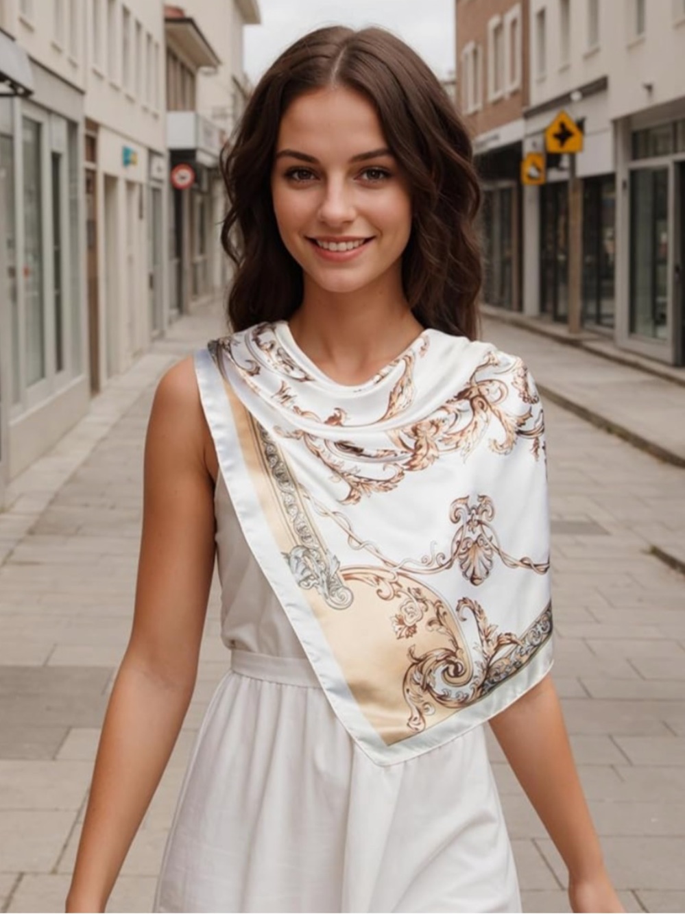 Gorgeous! 💖 Silky Elegant Scarf in White, Brown, & Gold